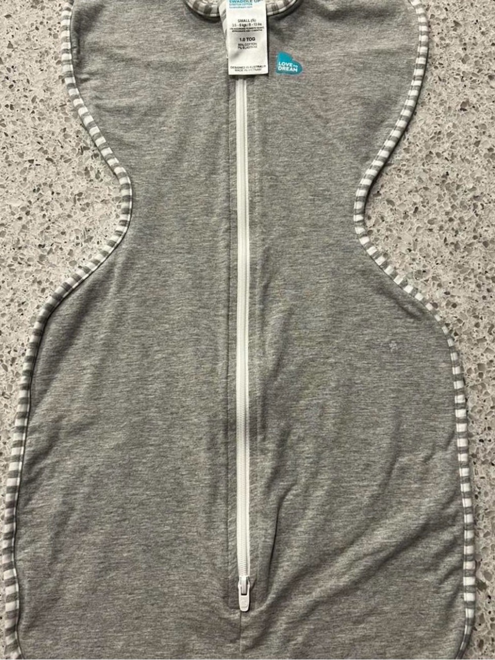 Love to Dream Grey Swaddle One-Piece with Striped Trim